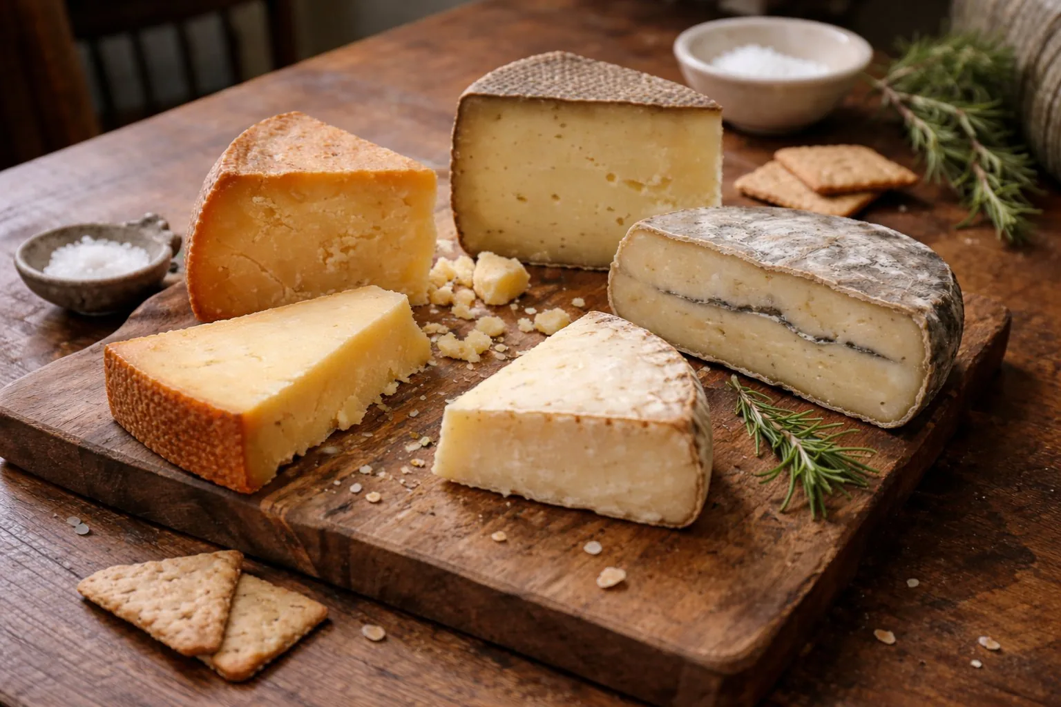 Aged artisan cheeses on a wooden board