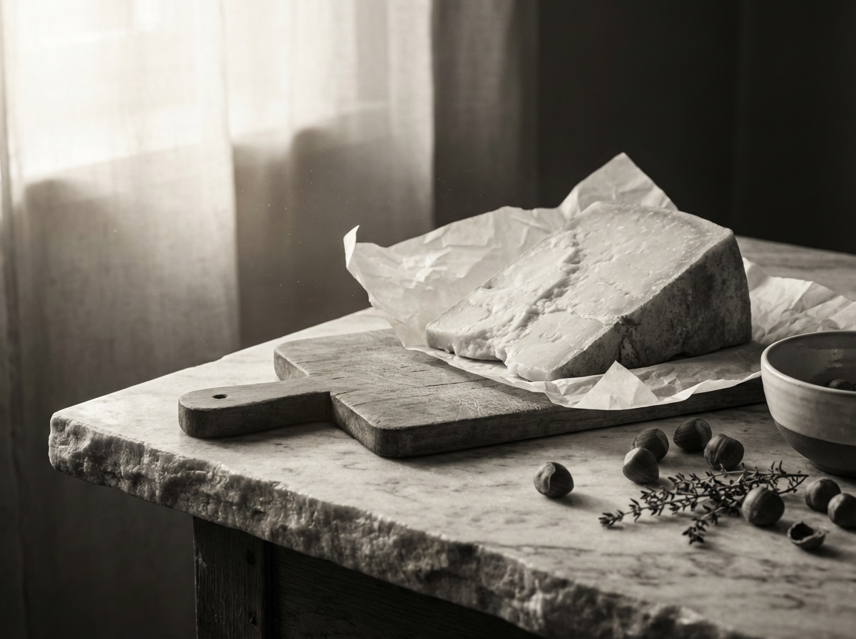 Aged cheese resting at room temperature, unwrapped on parchment with hazelnuts and thyme