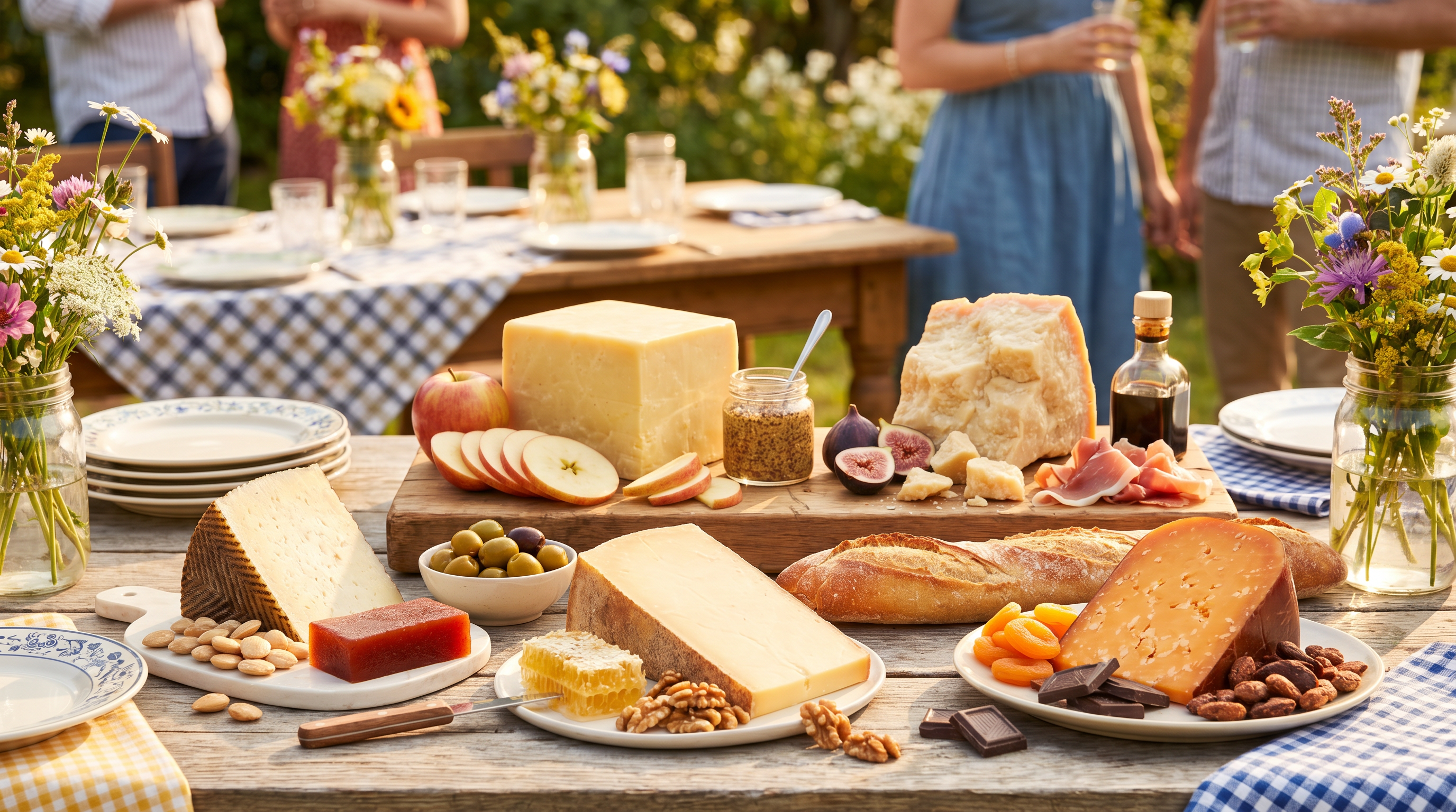 An outdoor cheese board of firm, aged cheeses set out for summer entertaining