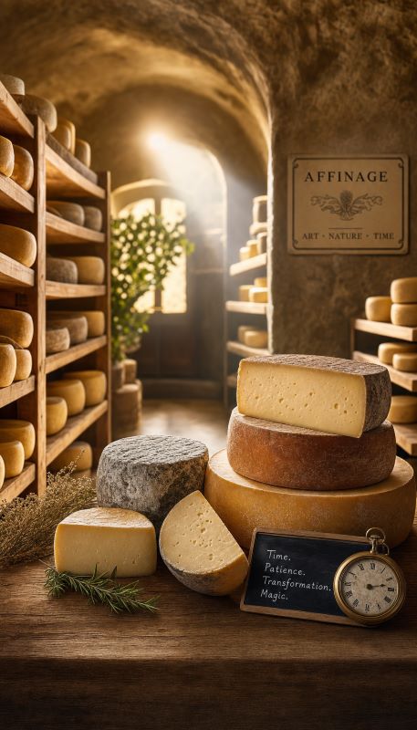 Wheels of artisan cheese aging in a cheese cave