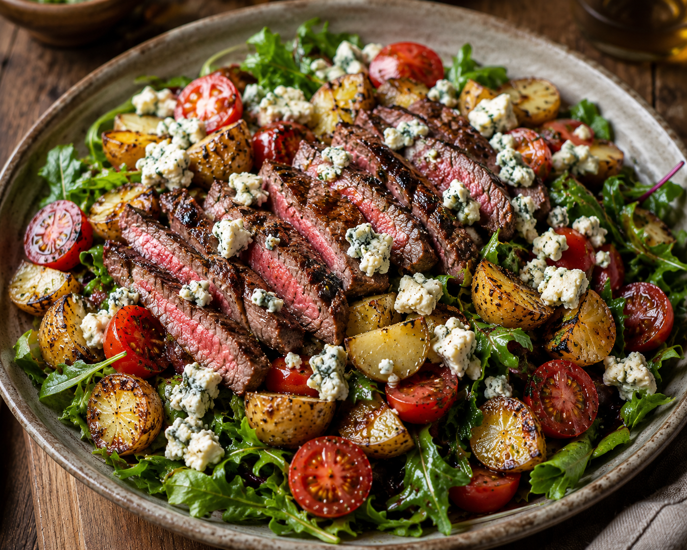 Blue cheese steak salad with cherry tomatoes and crispy potatoes