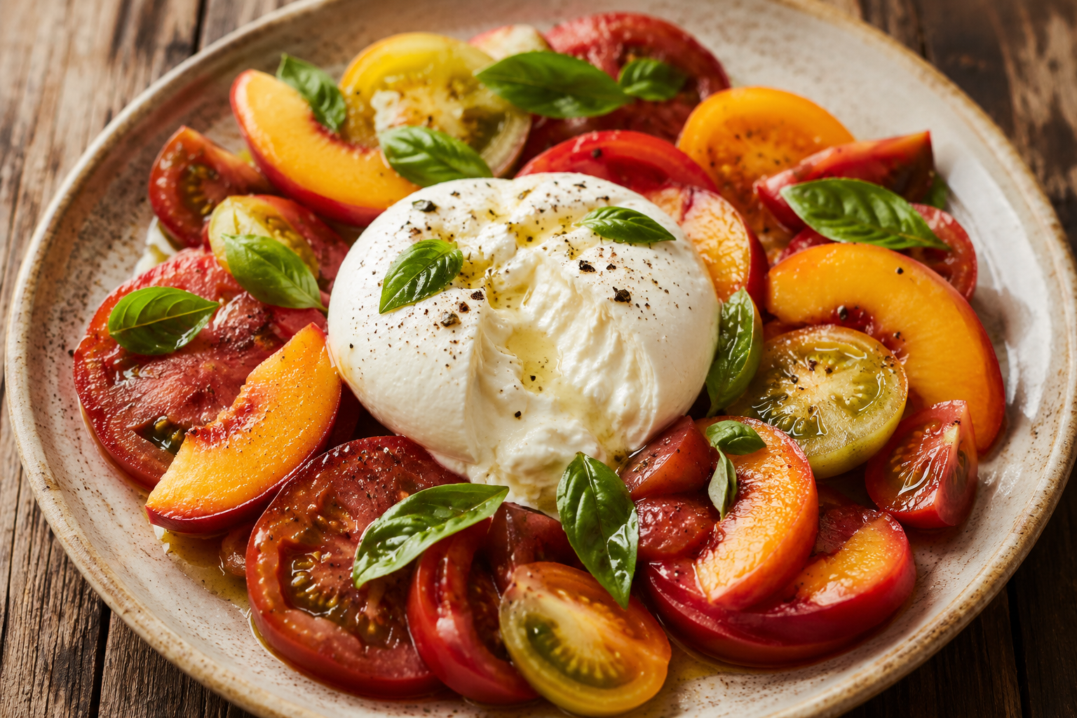 Burrata with heirloom tomatoes, basil and peach